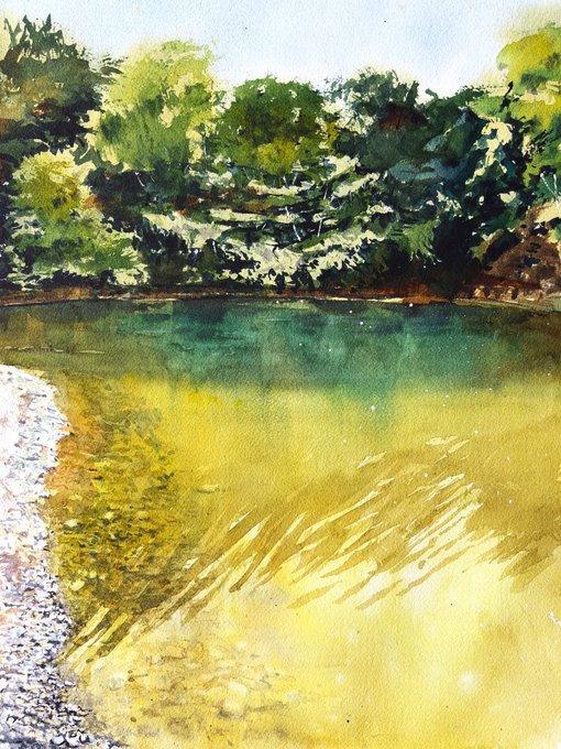 A watercolor painting depicting a tranquil pond with yellow-green reflections bordered by lush green trees under a pale sky.