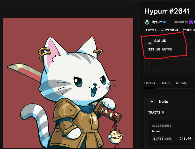 A screenshot of an NFT marketplace listing for 'Hypurr #2641', featuring a cartoon white cat in samurai armor, with the price highlighted in red showing '19.2K' and '229.10 WHYPE'.