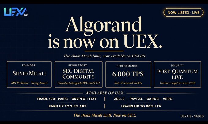 The image shows a poster for Algorand that has information about its liquidity offerings. The poster includes text such as "ALGO RENDER IS NOW ON UEX", which indicates that the platform is now available, and "THE CHAIN MIRACLE BUILT-IN ON UEX". This suggests that users can access the platform's liquidity services through UEX. The poster also features a list of different types of liquidity offerings, such as trading pairs, security tokens, and cryptocurrency exchanges. These offerings are designed to provide various ways for users to engage with Algorand's liquidity services.
