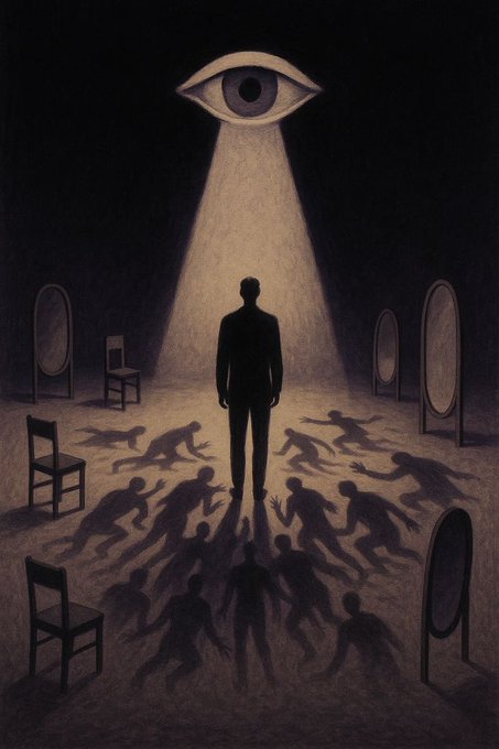 A dark, surreal illustration showing a silhouetted figure standing under a spotlight from a large floating eye, surrounded by shadowy crawling figures and empty chairs and mirrors.