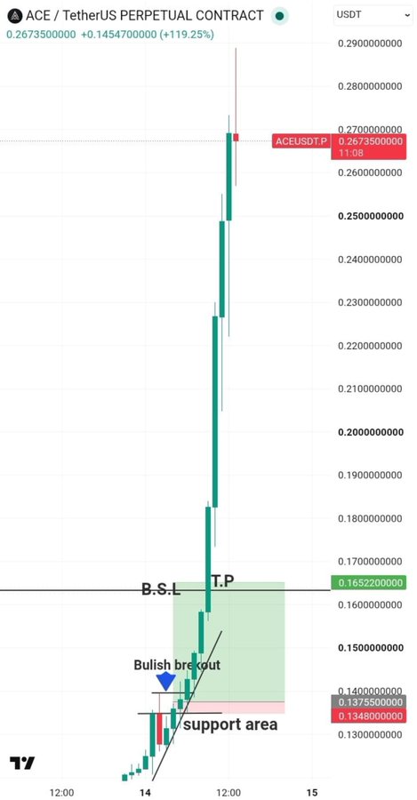 The image shows a TradingView candlestick chart of the ACE/USDT perpetual contract trading pair, with the price exploding from around $0.14 to $0.267 (a +119.25% gain) in just a few hours, highlighted by a bullish breakout from a support area near $0.135–$0.14 that triggered a long position with buy stop loss (B.S.L) and take profit (T.P) markers — directly illustrating the massive $ACE pump the poster is celebrating.