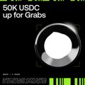 A dark promotional graphic features the text "50K USDC up for Grabs" at the top alongside what appears to be a stylized glowing crystal or gem icon, advertising a reward event likely tied to OKX Wallet's BOOST campaign for Peach mentioned in the post.