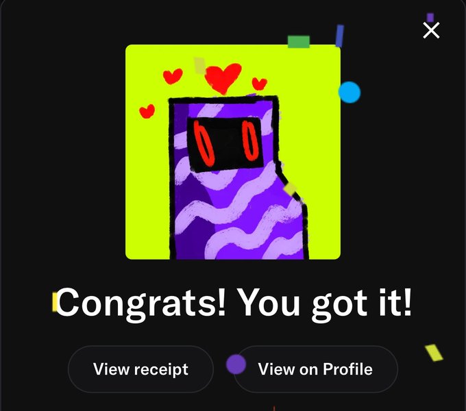 A digital pop-up notification with a purple and green painting featuring a character with red glowing eyes and hearts floating above, displaying 'Congrats! You got it!' with 'View receipt' and 'View on Profile' buttons.