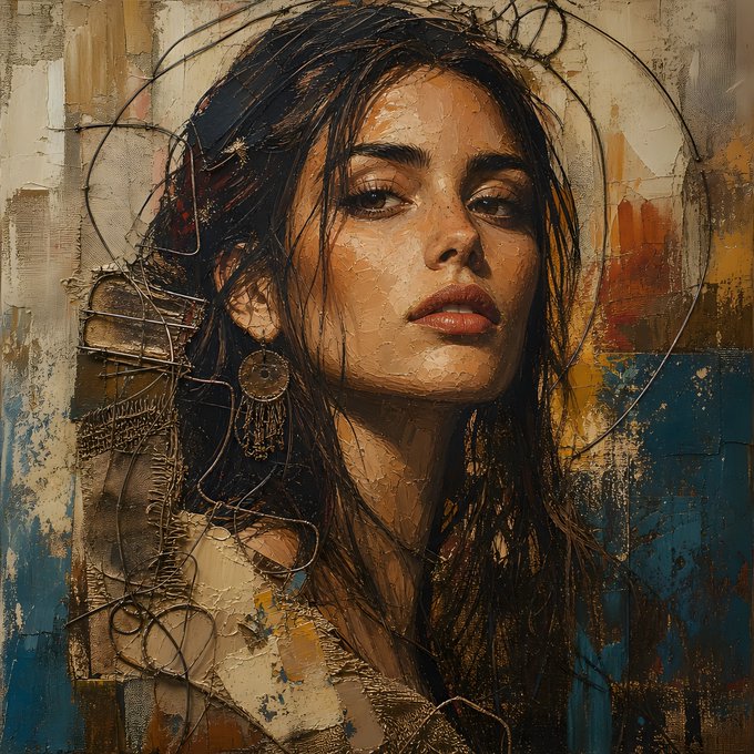 A textured, mixed-media digital painting of a woman with dark hair, ornate earrings, and a halo, set against a background of blue, gold, and rust-colored abstract patches.