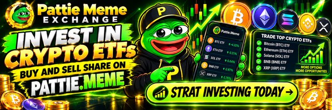 A promotional banner for "Pattie Meme Exchange" featuring a green Pepe the Frog character encouraging users to "INVEST IN CRYPTO ETFS," displaying charts and logos for Bitcoin (BTC), Ethereum (ETH), and others.