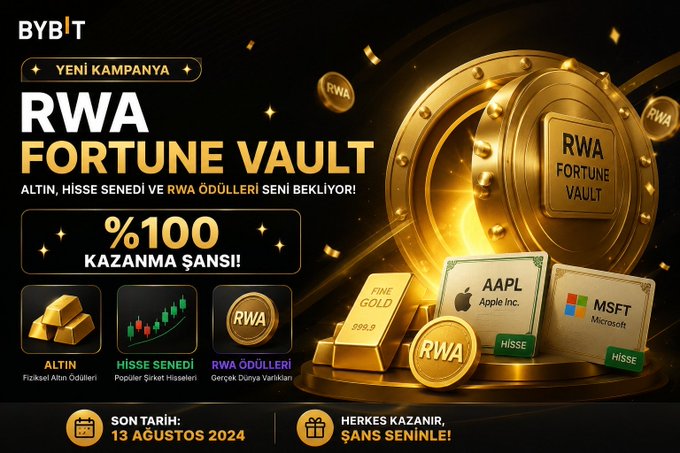 Bybit's "RWA Fortune Vault" campaign advertisement featuring a gold vault, gold bars labeled "FINE GOLD 999.9," and stock certificates for AAPL (Apple) and MSFT (Microsoft), promoting a 100% winning chance campaign with rewards including gold, stock rewards, and RWA rewards, ending August 13, 2024.