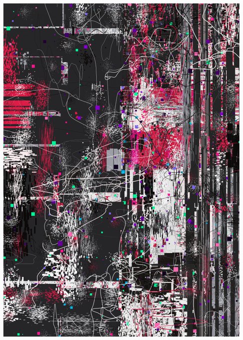 An abstract digital artwork featuring chaotic black, white, pink, and green glitch-like patterns, lines, and pixelated squares.