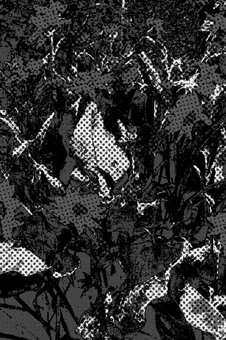 An abstract black and white image with halftone dot patterns and fragmented, shattered shapes.