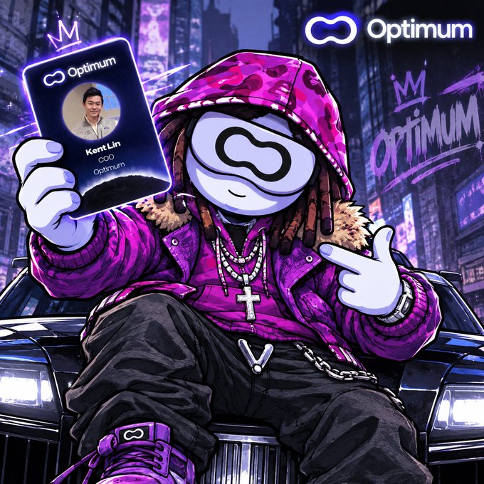 A stylized cartoon illustration of a character in a pink camo hoodie and dark pants, holding up an 'Optimum' digital card featuring a photo of 'Kent Lin', set against a neon cityscape background.