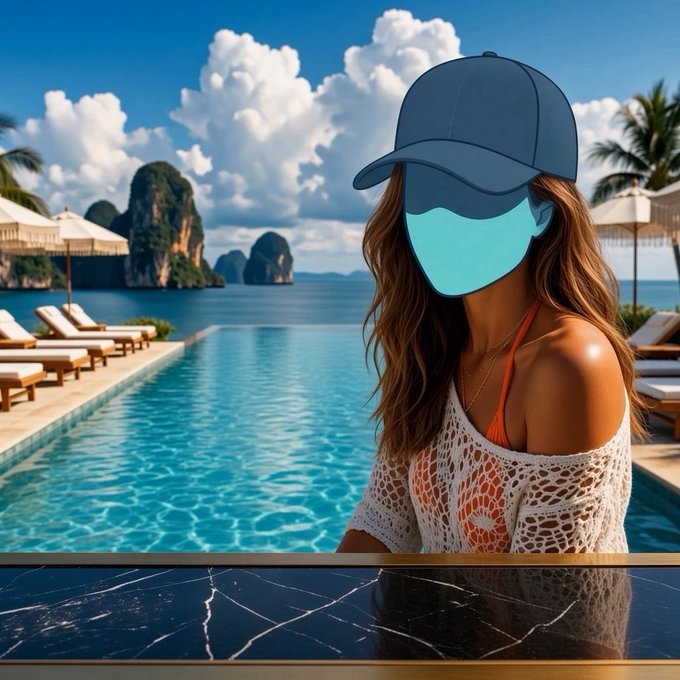 The accompanying post "Stay humble stack $SATS" is unrelated to the image, which shows a stylized illustration of a woman in a blue cap and mask (the cap's brim forms a wave-like shape) posing by a tropical infinity pool with ocean views. No text, numbers, tickers, or brand names are visible in the image itself.

A fitting caption: A stylish figure with a wave-adorned blue cap relaxes at a scenic infinity pool, embodying the laid-back "stay humble" lifestyle — a perfect mindset for stacking $SATS.