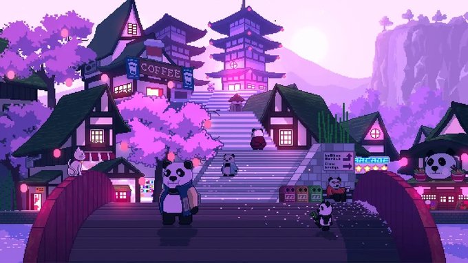 A pixel art illustration depicting a serene Japanese-inspired village with cherry blossoms, a pagoda, pandas, and traditional buildings at sunset.