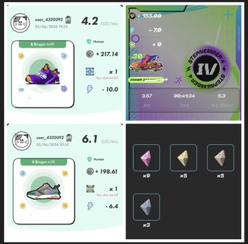 The image shows a collage of four different posts, each with its own unique content. The first post displays a pair of purple sneakers, while the second post features a pair of orange sneakers. The third post showcases a collection of six different types of shoes, and the fourth post contains a list of numbers related to gaming achievements. These posts are arranged in a grid format, making it easy for viewers to compare and contrast the various elements within each post.