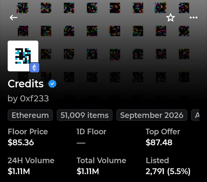 An NFT collection page for 'Credits' by Oxf233 on Ethereum, showing 51,009 items, a floor price of $85.36, top offer of $87.48, 24H volume of $1.11M, total volume of $1.11M, and 2,791 listed (5.5%).