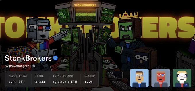 An NFT marketplace listing for 'StonkBrokers' by powerranger69, showing a floor price of 7.90 ETH, 4,444 items, and a total volume of 1,651.13 ETH, with Minecraft-style characters in the background.
