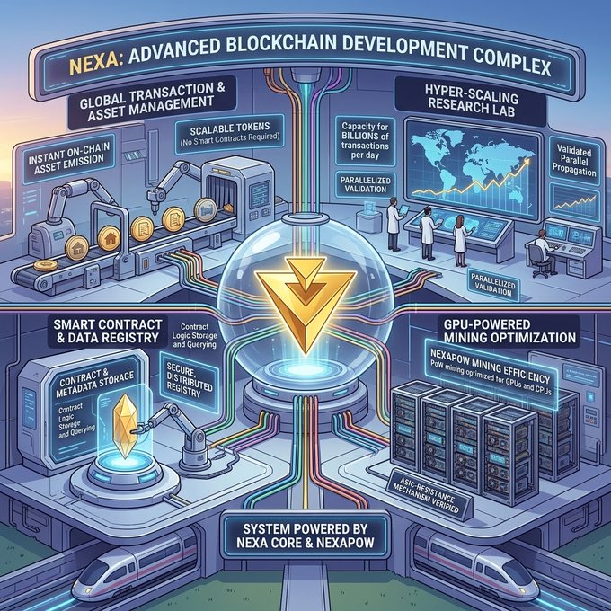 A futuristic infographic titled 'NEXA: ADVANCED BLOCKCHAIN DEVELOPMENT COMPLEX' depicts various technological components like 'GLOBAL TRANSACTION & ASSET MANAGEMENT', 'HYPER-SCALING RESEARCH LAB', 'SMART CONTRACT & DATA REGISTRY', and 'GPU-POWERED MINING OPTIMIZATION'.