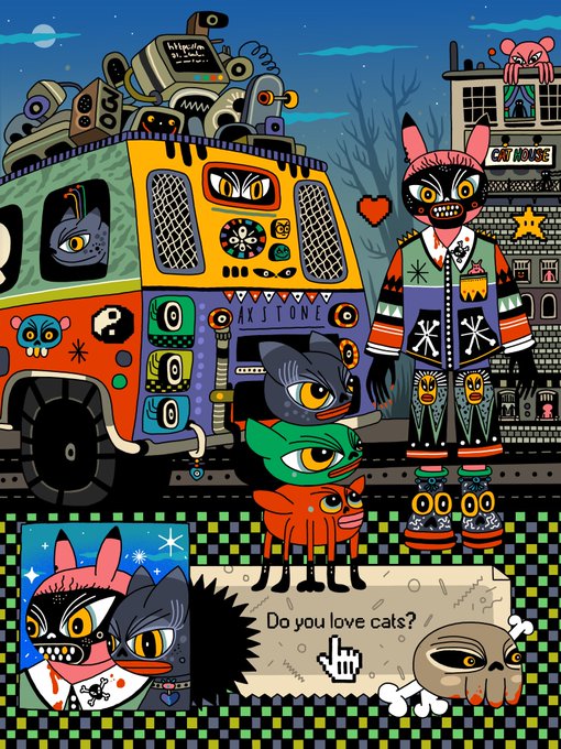 A colorful, psychedelic illustration shows a tall humanoid figure with an animal-skull mask standing beside a vibrant graffiti-covered van, with three stacked cats (gray, green, and orange) in front, while a text bubble at the bottom asks "Do you love cats?" alongside a pixelated pointing hand cursor and a bone treat, matching the GM post's cat-themed greeting. The cat-in-helmet mascot from a "CAT HOUSE" building in the background and a small inset portrait of the masked character reinforce the eccentric, cat-obsessed vibe of the scene.