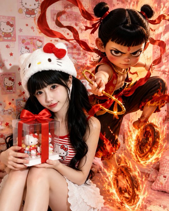 A girl wearing a Hello Kitty hat holds a Hello Kitty figurine in a gift box, standing next to an animated character (Nezha) wielding flaming rings against a Hello Kitty-themed background.