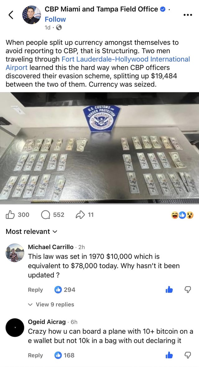 The image shows a message posted on social media with an advertisement stating that the authorities are taking away up to $10k of cash from individuals who travel through airports, as part of a new scheme by the Federal clowns at the airport. The image has been shared by multiple users, including one user who comments: "Focus on what is in the image and how it relates to the post".