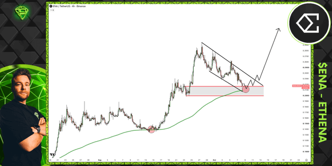 Trading chart thumbnail for SENA - ETHENA showing a technical analysis on Binance, featuring a presenter in a green branded shirt alongside a price chart with descending trendlines and support zones.