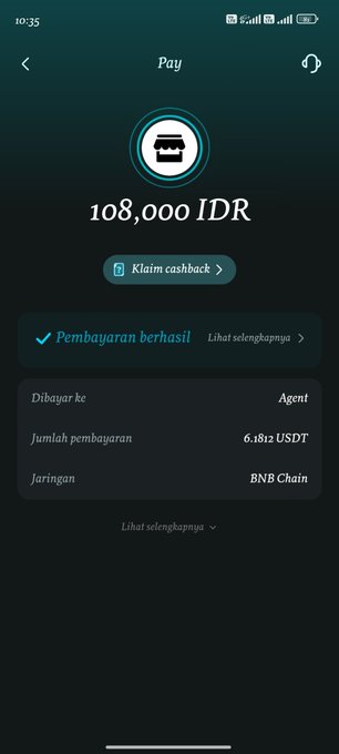 A mobile payment confirmation screen shows 108,000 IDR paid successfully using 6.1812 USDT on the BNB Chain.