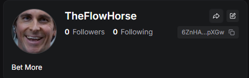 A profile page for "TheFlowHorse" shows 0 followers, 0 following, and a wallet address ending in "pXGw," with the tagline "Bet More." This relates to the post as the user introduces their new Pump.fun account, noting that their preferred username was already taken, forcing them to settle for "TheFlowHorse" instead.