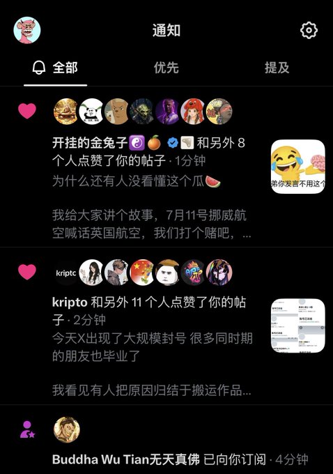 A social media notifications page in Chinese shows likes from "开挂的金兔子" and others, and a new subscriber "Buddha Wu Tian无天真佛." This relates to the post about the second subscriber who wasted $1 on a paid subscription, as the image captures the moment when "Buddha Wu Tian无天真佛" subscribed, making them the second "victim" to be added to the poster's subscriber list.