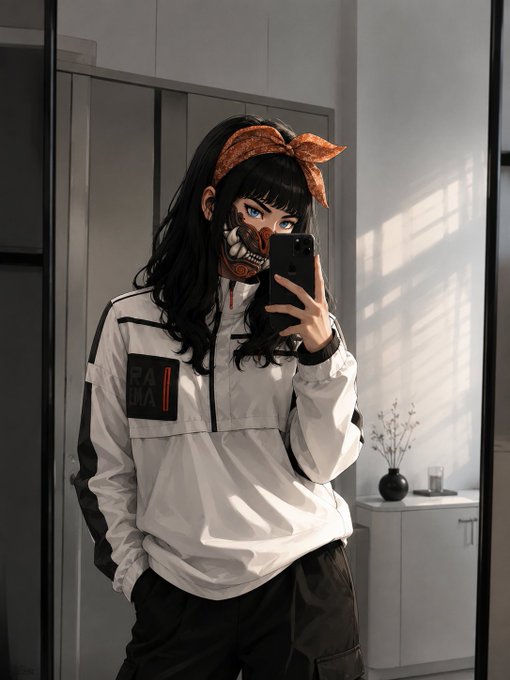 A stylized anime-style portrait of a young woman with dark hair, an orange headband, and a white jacket taking a mirror selfie with her phone, wearing a face covering.