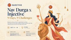 An advertisement for INJECTIVE featuring 'Nav Durga x Injective' campaign with '9 Days, 9 Challenges' and dates 'OCT 06 - 14'.