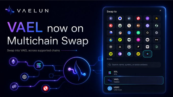 Promotional graphic for VAEL token on Multichain Swap, showing a 'Swap to' interface with various cryptocurrency icons and VAEL listed among Solana tokens.