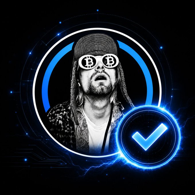 A stylized image of a man wearing a beanie and sunglasses featuring the Bitcoin "B" symbol, set against a dark blue tech-themed background with a glowing blue checkmark.