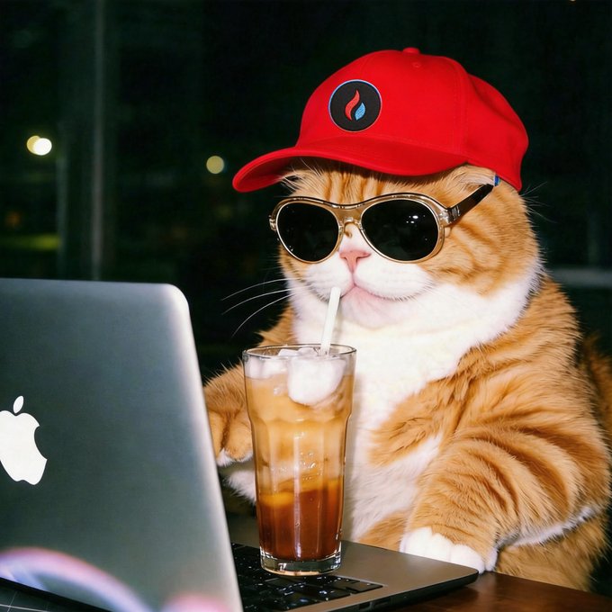 An orange and white tabby cat wearing a red baseball cap and sunglasses sits at a table, using a MacBook with an iced coffee beside it.