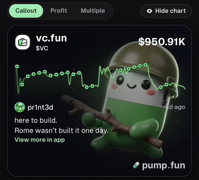 A pump.fun meme coin page for vc.fun ($VC) showing a market cap of $950.91K with a cartoon soldier mascot and the message 'here to build. Rome wasn't built it one day.'