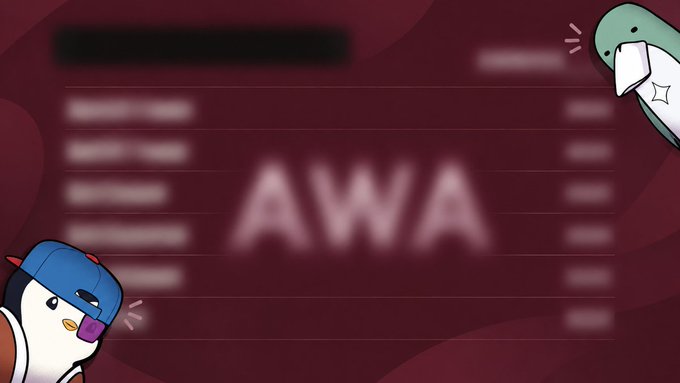 A blurred red interface showing a leaderboard or list with the text 'AWA' visible, featuring two cartoon penguin-like mascots in the corners.
