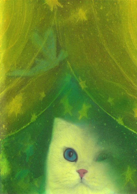 A close-up painting of a white cat with a blue eye peering out from under a green fabric patterned with stars.