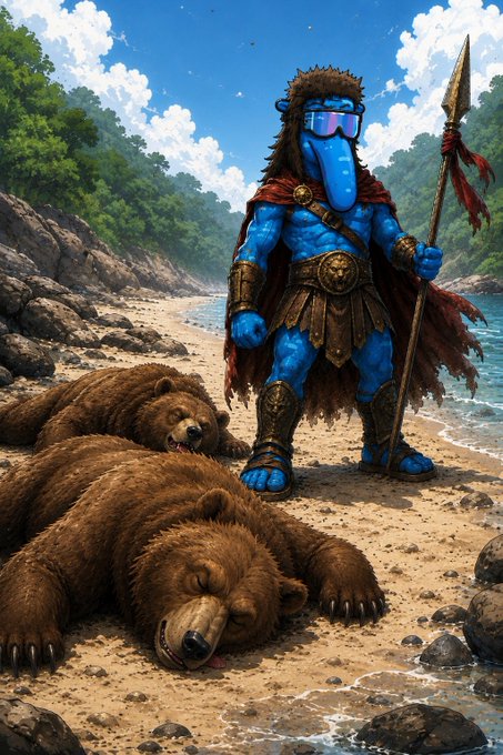 A blue-skinned warrior wearing ski goggles, armor, and a red cape stands on a rocky beach holding a spear, with two sleeping brown bears lying in the sand beside him.