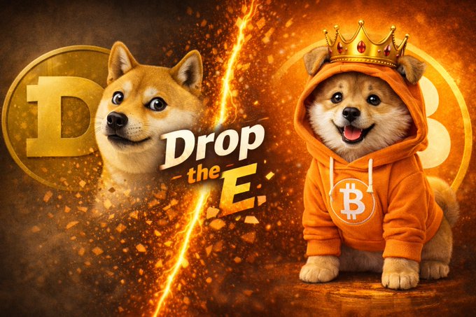 A promotional graphic reading "Drop the E" showing a Shiba Inu dog (Dogecoin) on the left and a Shiba Inu wearing an orange Bitcoin hoodie and crown on the right.