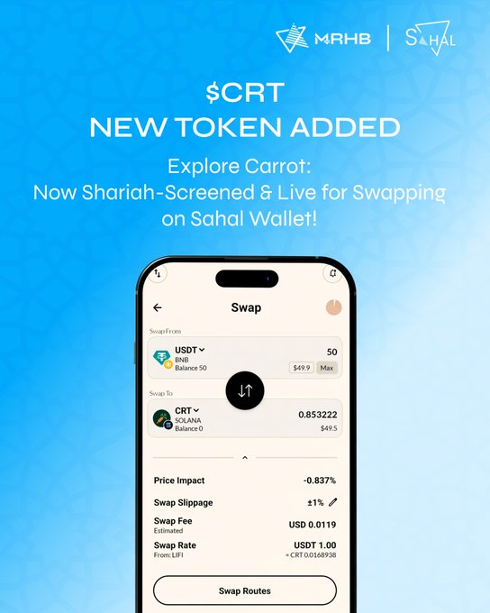 A promotional announcement from MRHB and Sahal Wallet announcing '$CRT NEW TOKEN ADDED' on the Sahal Wallet swap interface, showing a USDT to CRT swap with a 0.837% price impact.