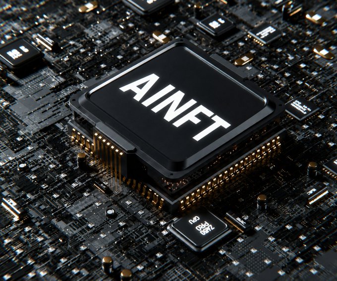 A central computer chip labeled "AINET" is mounted on a densely packed circuit board surrounded by various electronic components. The image symbolizes the integration of artificial intelligence with networked technology, visually reinforcing the post's message about AI enhancing collaborative participation in Web3.