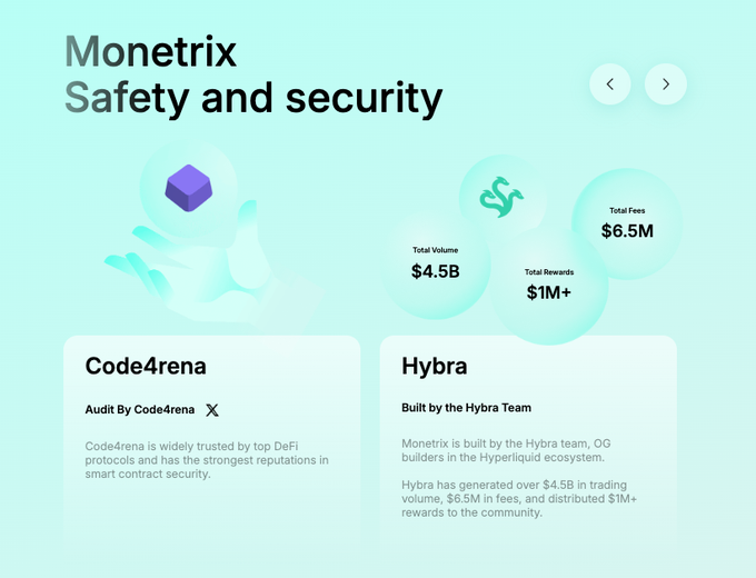 A light blue background displays a white header with black text, "Monetrix Safety and Security" at the top, followed by a list of bullet points about security measures.