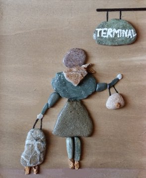 A stone and pebble figurine of a woman carrying luggage stands below a sign reading "TERMINA[L]," capturing the essence of "Bravey," a digital artwork celebrating a collector named HuemansUniverse who has acquired all available editions.