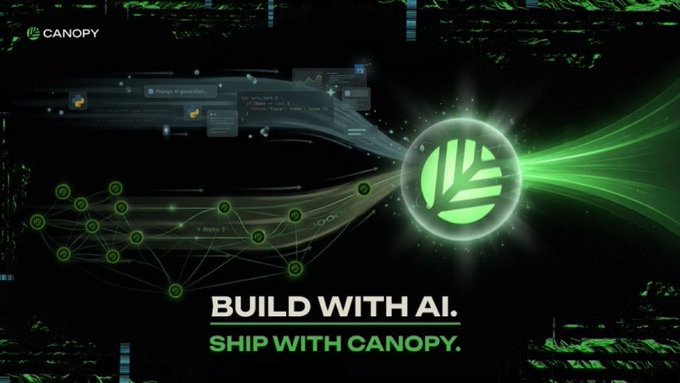 A Canopy promotional banner with green technological visuals and the tagline 'BUILD WITH AI. SHIP WITH CANOPY.'