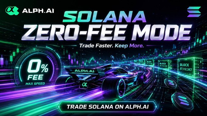A futuristic Formula 1-style racecar speeding along a digital highway, promoting Alph.ai's "SOLANA ZERO-FEE MODE" with a "0% FEE MAX SPEED" gauge and a call-to-action to "TRADE SOLANA ON ALPH.AI," visually reinforcing the post's message of zero trading fees and fast execution for SOL memecoins.