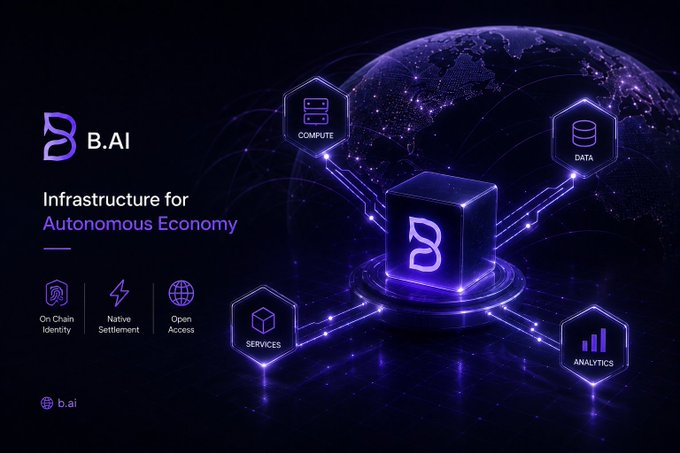 The image is a dark purple, futuristic promotional graphic for **B.AI**, tagged "Infrastructure for Autonomous Economy," featuring a central glowing cube bearing the B.AI logo connected by circuit-like lines to hexagonal nodes labeled **Compute, Data, Services, and Analytics**, with smaller feature icons on the left for **On Chain Identity, Native Settlement, and Open Access** (b.ai).

It visually reinforces the post's thesis by depicting AI agents as interconnected economic actors—each node representing a distinct capability (compute, data, services, analytics) that an autonomous agent would access and pay for, illustrating B.AI's blockchain-based infrastructure enabling machine-to-machine transactions.