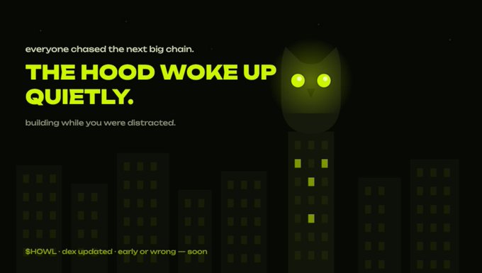 The image features a dark cityscape with a glowing owl perched atop a skyscraper, with the text "THE HOOD WOKE UP QUIETLY" and "$HOWL" branding below. The owl imagery directly ties to the post's discussion of the $HOWL token and the Robinhood meme coin narrative, with the "woke up quietly" messaging suggesting the project's stealth development while others chase hype.
