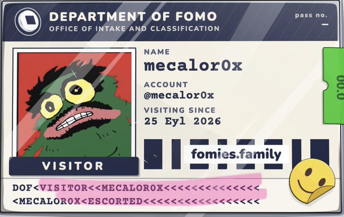 A digital visitor pass for the 'Department of FOMO' displays the name 'mecalor0x' and an account '@mecalor0x', visiting since '25 Eyl 2026'.