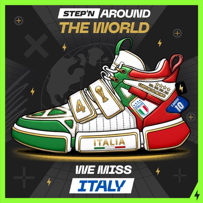 A STEP'N 'Around the World' promotional graphic featuring an Italian-themed sneaker in green, white, and red colors with 'ITALIA' and 'WE MISS ITALY' text and a Campioni del Mondo trophy.