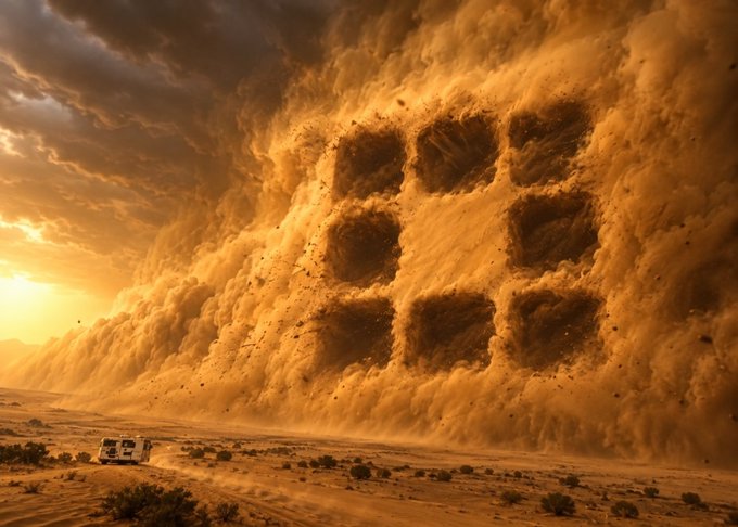 A dramatic scene of a massive sandstorm with an imprint of a die or cube pattern looming over a small RV in a desert landscape at sunset.