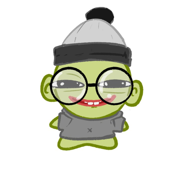 A cartoon illustration of a green-skinned character wearing a grey beanie, round glasses, and a grey shirt, smiling with a tongue showing.