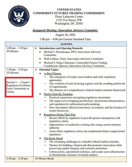 The image is an agenda for the CFTC's inaugural Innovation Advisory Committee meeting on August 20, 2026, from 1:00 pm to 4:00 pm EST, highlighting Session 1 (highlighted in red) on "Crypto's Regulatory Evolution: From Uncertainty to Clarity," which covers topics including the emergence of crypto asset markets, regulatory experiences, and future frameworks—directly tying to the post about the CFTC's first meeting addressing crypto, AI, and prediction markets.