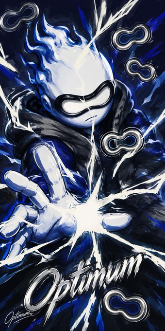 A digital illustration of a blue and white masked character with spiky hair reaching forward with a glowing hand, surrounded by electric effects, with the word 'Optimum' written at the bottom.